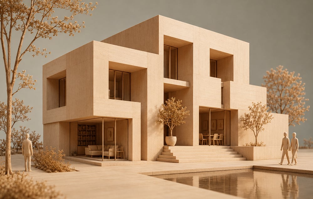 Architectural presentation image of a contemporary cubic villa represented as a finely crafted timber physical model. The building is composed of stacked rectilinear volumes with deep recessed openings and floor-to-ceiling glazing, all rendered in pale natural wood tones. Delicate model trees, miniature figures, a reflective water feature and simplified landscape elements surround the structure. Warm, directional sunlight highlights the grain of the timber and casts soft shadows across the model, creating the atmosphere of a professionally photographed competition-scale architectural model displayed in a studio setting.