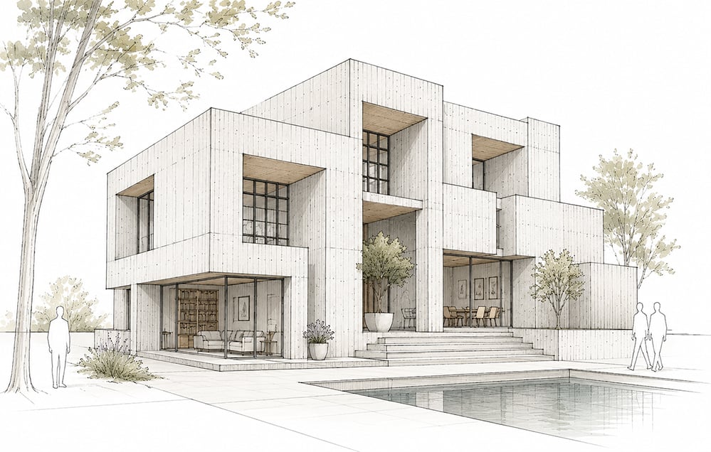 Architectural sketch of a contemporary low-energy home with minimalist geometric forms, soft landscape detailing and sustainable design principles, illustrating RISE Design Studio’s approach to innovative, narrative-driven and environmentally conscious architecture.