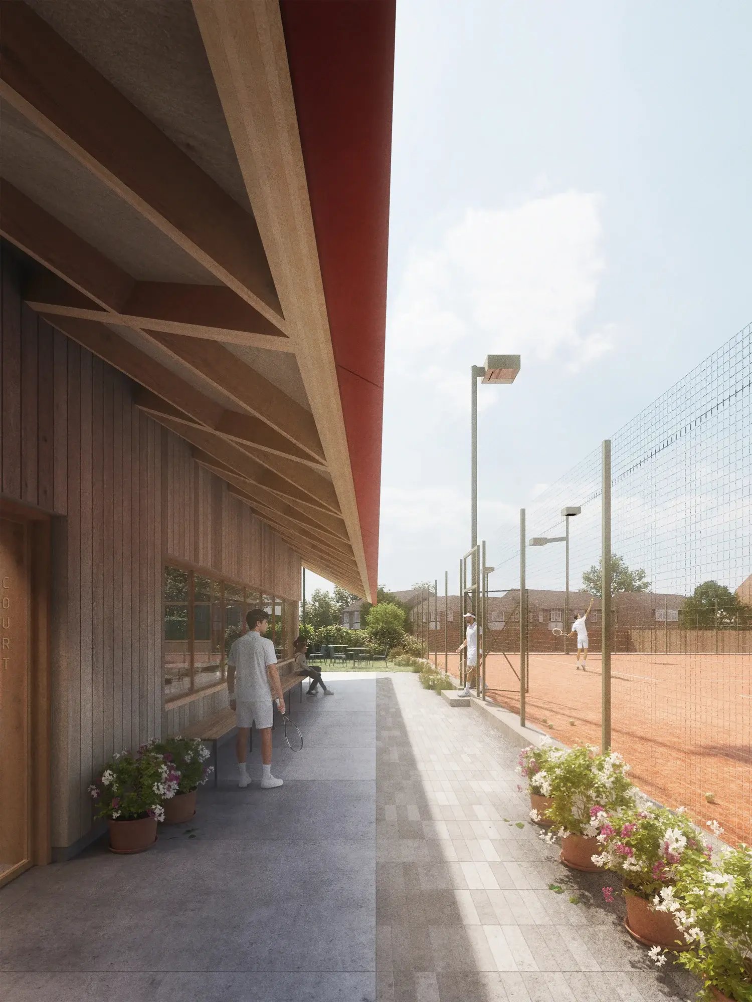 sustainable-tennis-pavilion-red-zinc-roof-structure-detail
