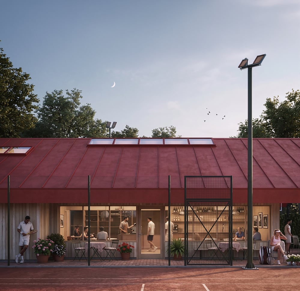 New clubhouse for Sutton Churches Tennis Club by RISE Design Studio, showing full-height glazed clubroom facade facing the tennis courts, with red standing seam roof.