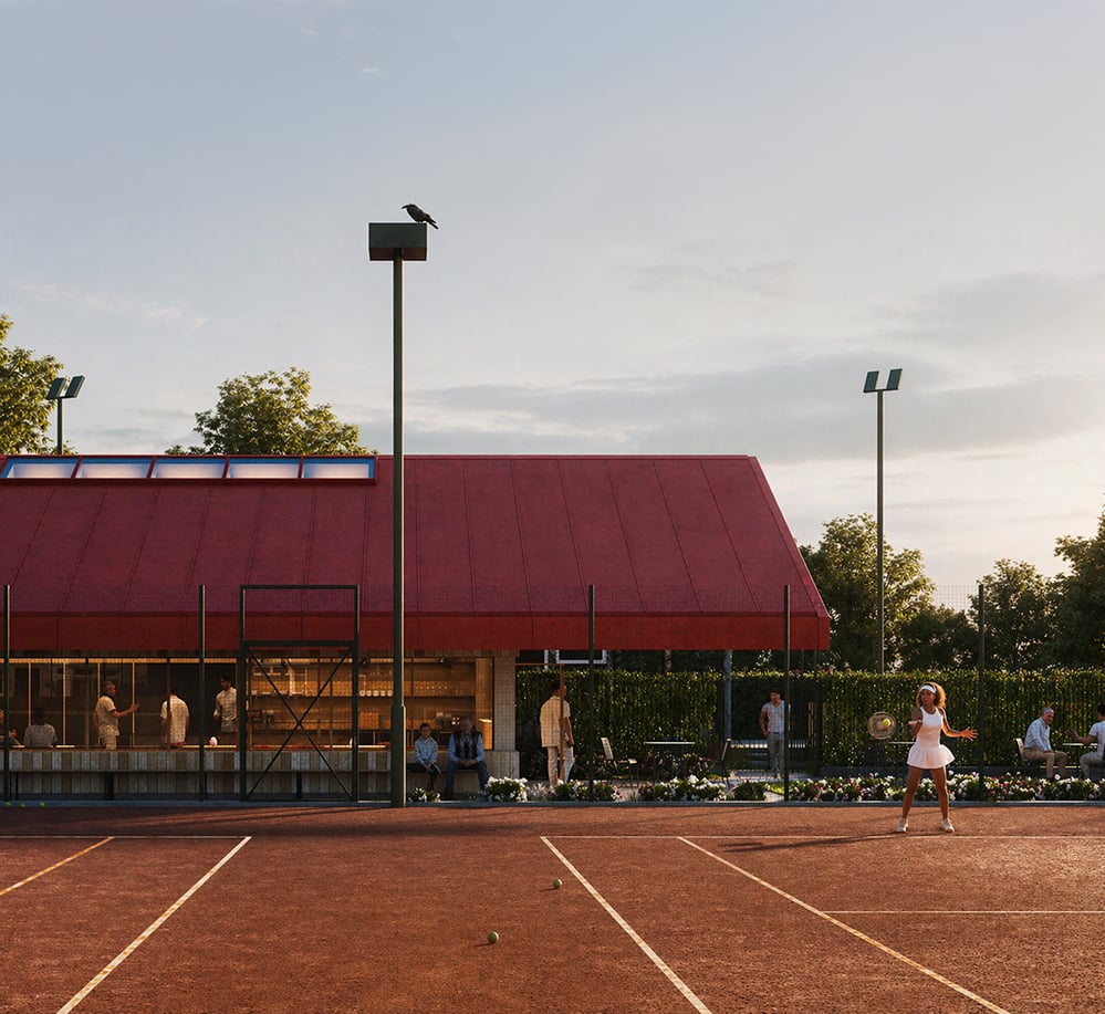Sunset elevation of Sutton Churches Tennis Club new clubhouse by RISE Design Studio, Sutton London, showing red metal roof, timber cladding and glazed social terrace.