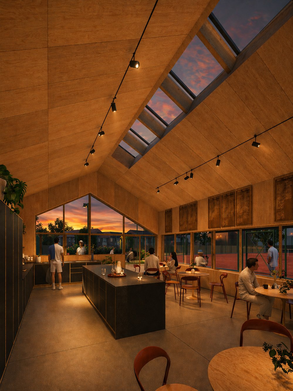 Interior of Sutton Churches Tennis Club clubroom by RISE Design Studio showing exposed CLT timber ceiling, linear rooflight, and glazed north-facing view to tennis courts.