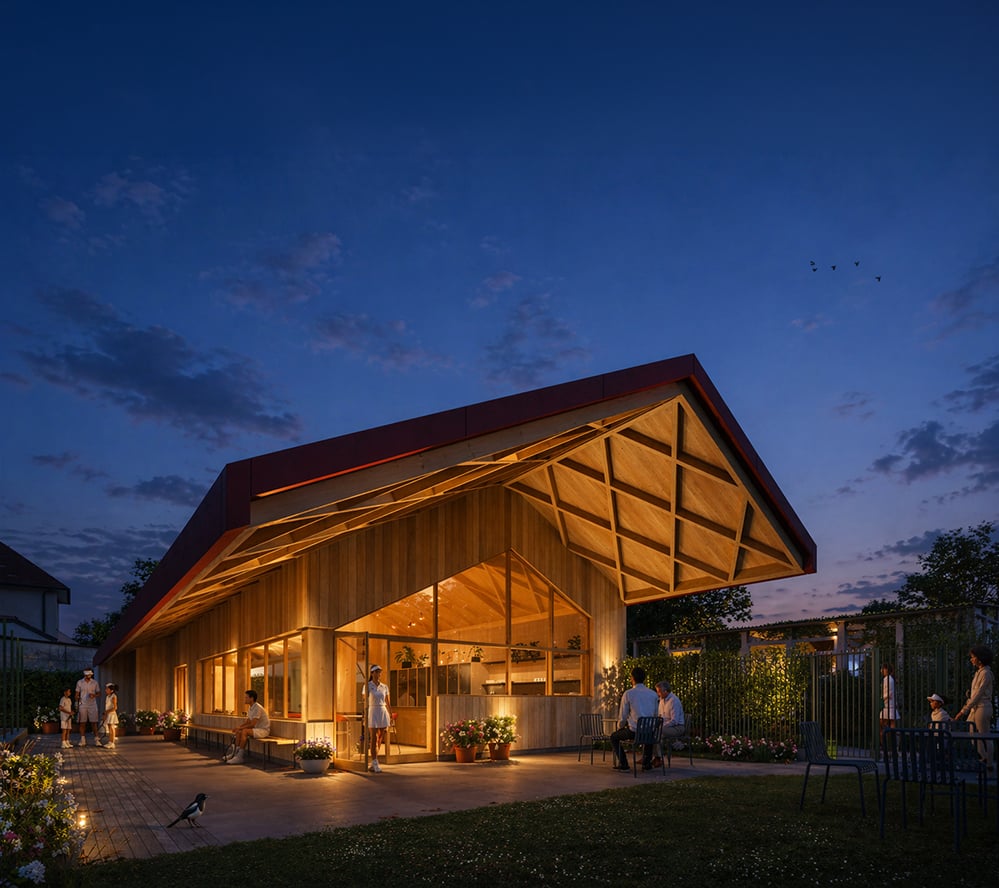 Night view of Sutton Churches Tennis Club new pavilion by RISE Design Studio, Sutton, showing illuminated glulam roof structure, vertical timber cladding and social terrace.