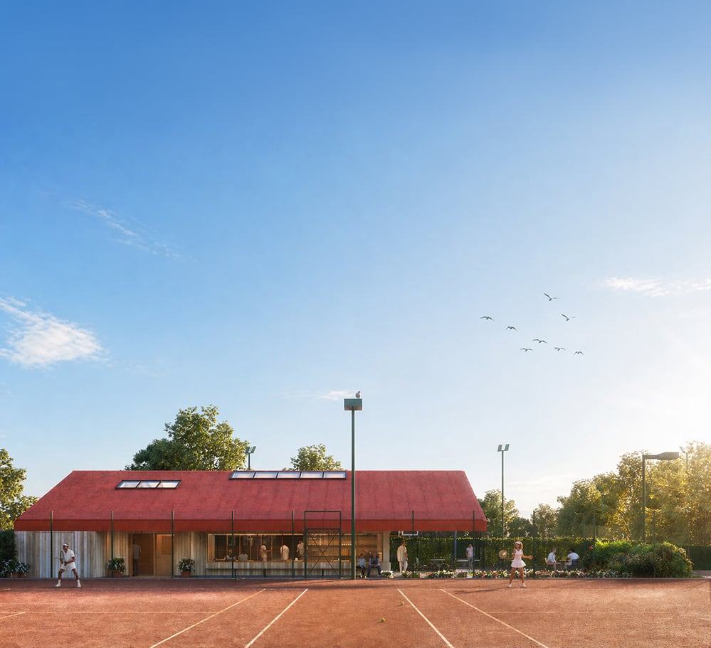Daytime court-level view of Sutton Churches Tennis Club new clubhouse by RISE Design Studio in Sutton, London, with red roof, rooflight and vertical timber facade.