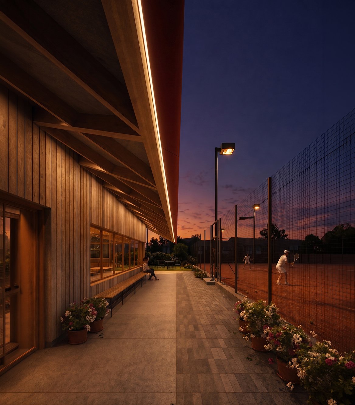 Dusk view of sheltered terrace walkway at Sutton Churches Tennis Club by RISE Design Studio, with vertical timber cladding, bench seating and illuminated roof overhang.