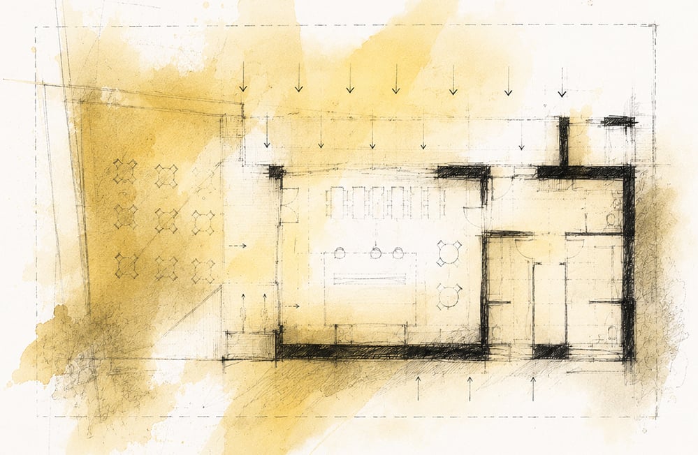 Hand-drawn floor plan of the new Sutton Churches Tennis Club clubhouse by RISE Design Studio, showing the open clubroom facing the courts with a long counter, daylight arrows over the roof, and changing and service areas grouped to one side.