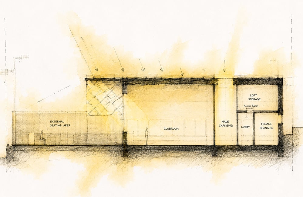 Hand-drawn long section of Sutton Churches Tennis Club clubhouse by RISE Design Studio, showing the sheltered external seating area, the tall clubroom with daylight entering from above, and the male changing, lobby, female changing and loft storage beyond.