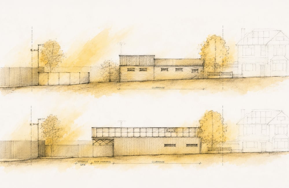 Hand-drawn elevation comparison of Sutton Churches Tennis Club by RISE Design Studio, with the existing low clubhouse above and the taller proposed pavilion below, its roof overhang and entrance gate set against neighbouring suburban houses and trees
