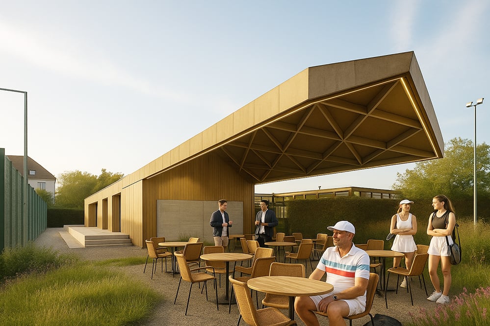 Exterior view of Sutton Churches Tennis Clubhouse designed by RISE Design Studio, showing the timber pavilion with a dramatic roof canopy and shaded terrace. Players and visitors gather outside, reflecting the clubhouse’s role as both a sporting venue and a community hub in Sutton.