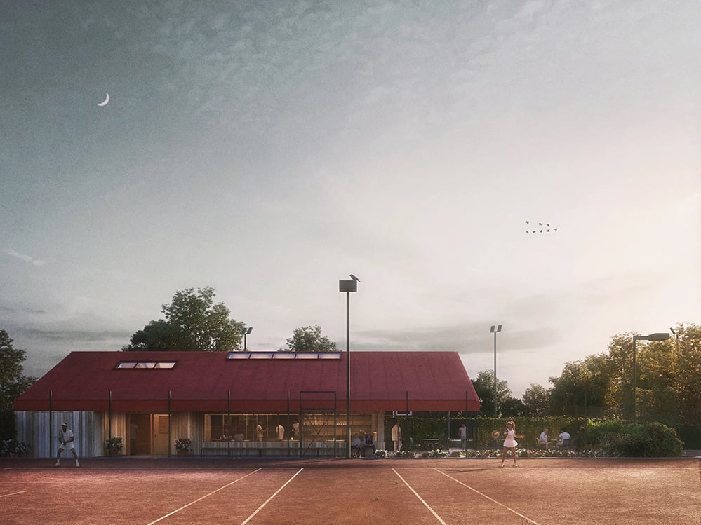 sutton-churches-tennis-clubhouse-red-zinc-roof-evening-courts