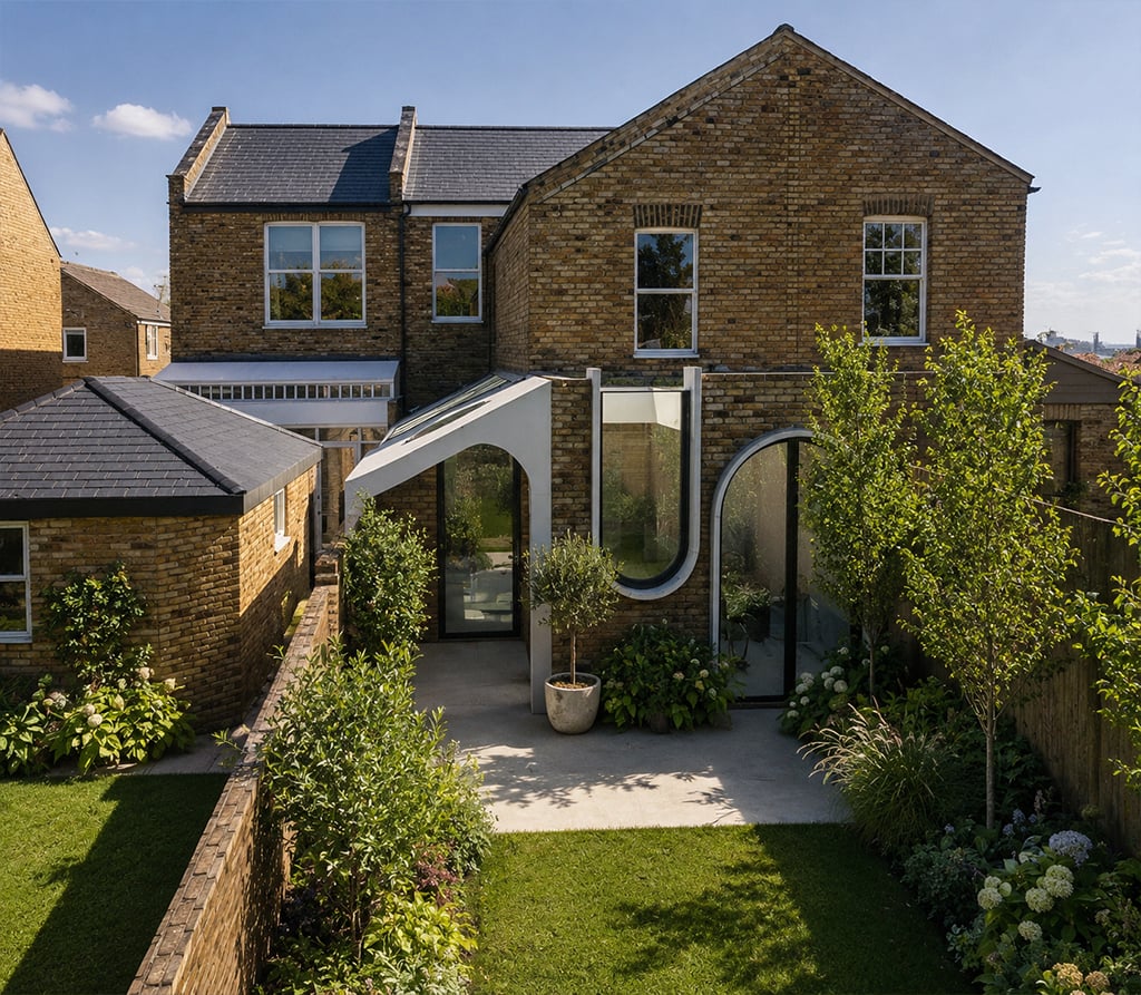 Rear view of a sustainable brick house extension in West London featuring sculptural windows, high-performance glazing and landscaped garden.