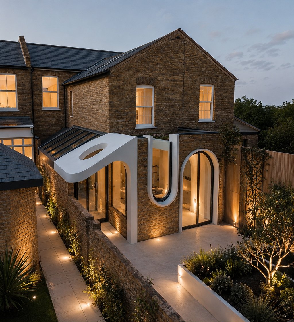 Rear view of a contemporary brick house extension in West London, featuring a sculptural white-framed window and canopy detail set against traditional London stock brickwork. The landscaped courtyard garden includes large-format porcelain paving, minimalist raised planting beds, ornamental grasses, clipped evergreen shrubs, and multi-stem feature trees. Discreet uplighting highlights the planting and architectural forms, while full-height glazing reveals warm interior spaces, creating a calm and elegant evening atmosphere.