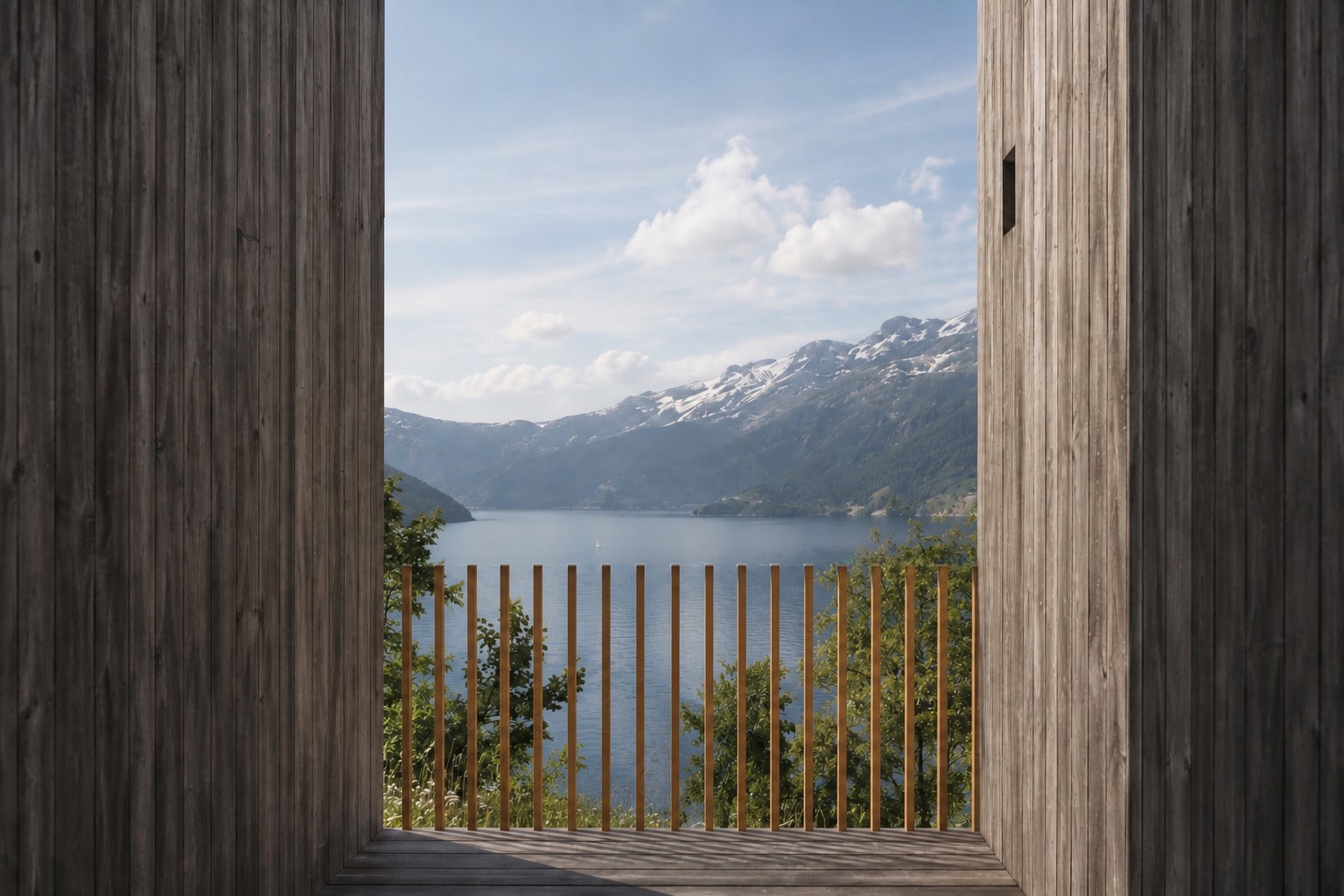 View through a tall timber-clad opening with a slender timber balustrade, looking out over a calm lake to snow-capped mountains under a partly cloudy sky, trees in the foreground. RISE Design Studio.