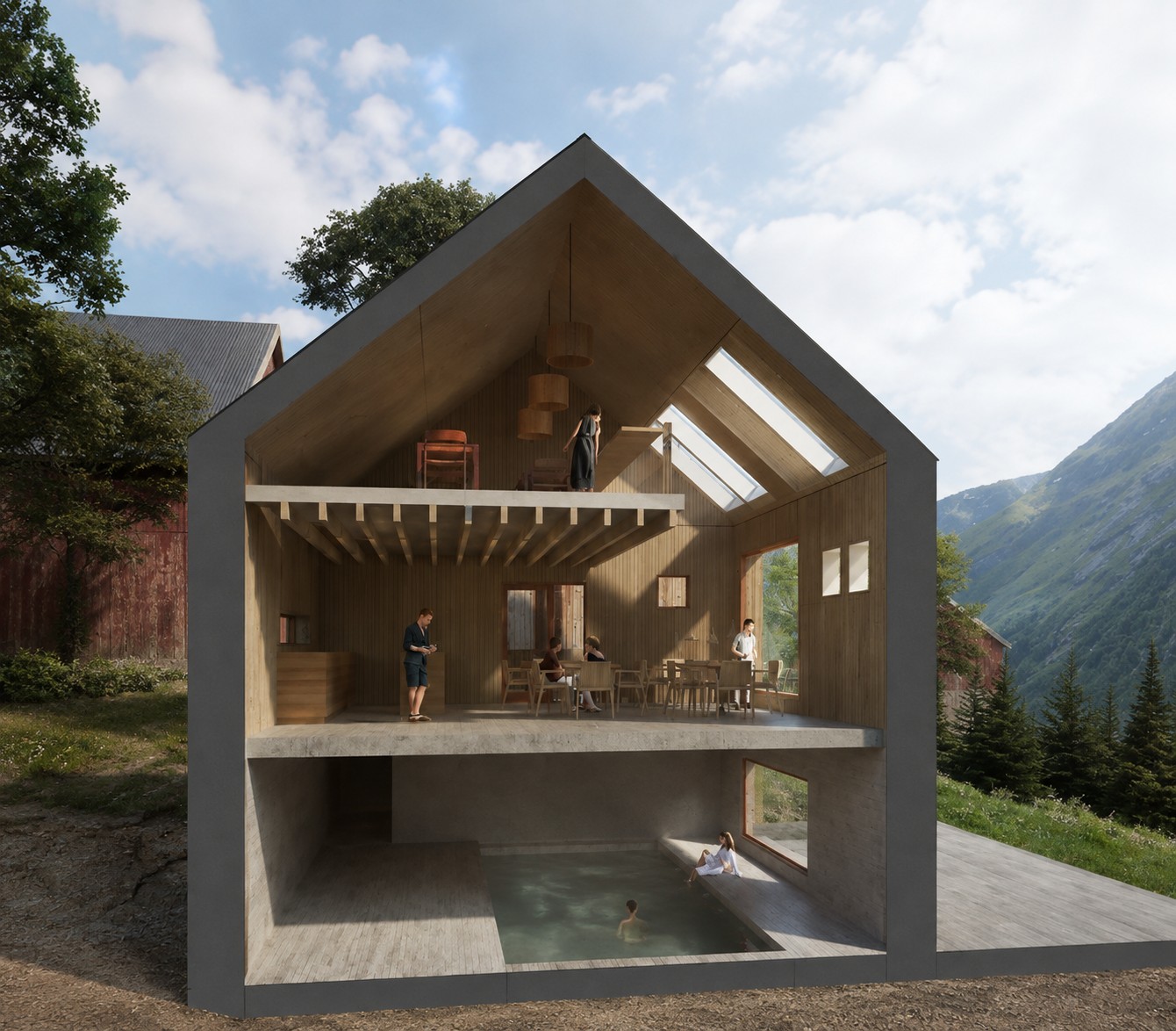 Cutaway section render of a gabled building showing three levels: a timber-lined mezzanine with chairs and pendant lamps at the top, a cafe with tables and diners in the middle, and a sunken pool with bathers at the bottom, mountains and a red barn behind. RISE Design Studio.