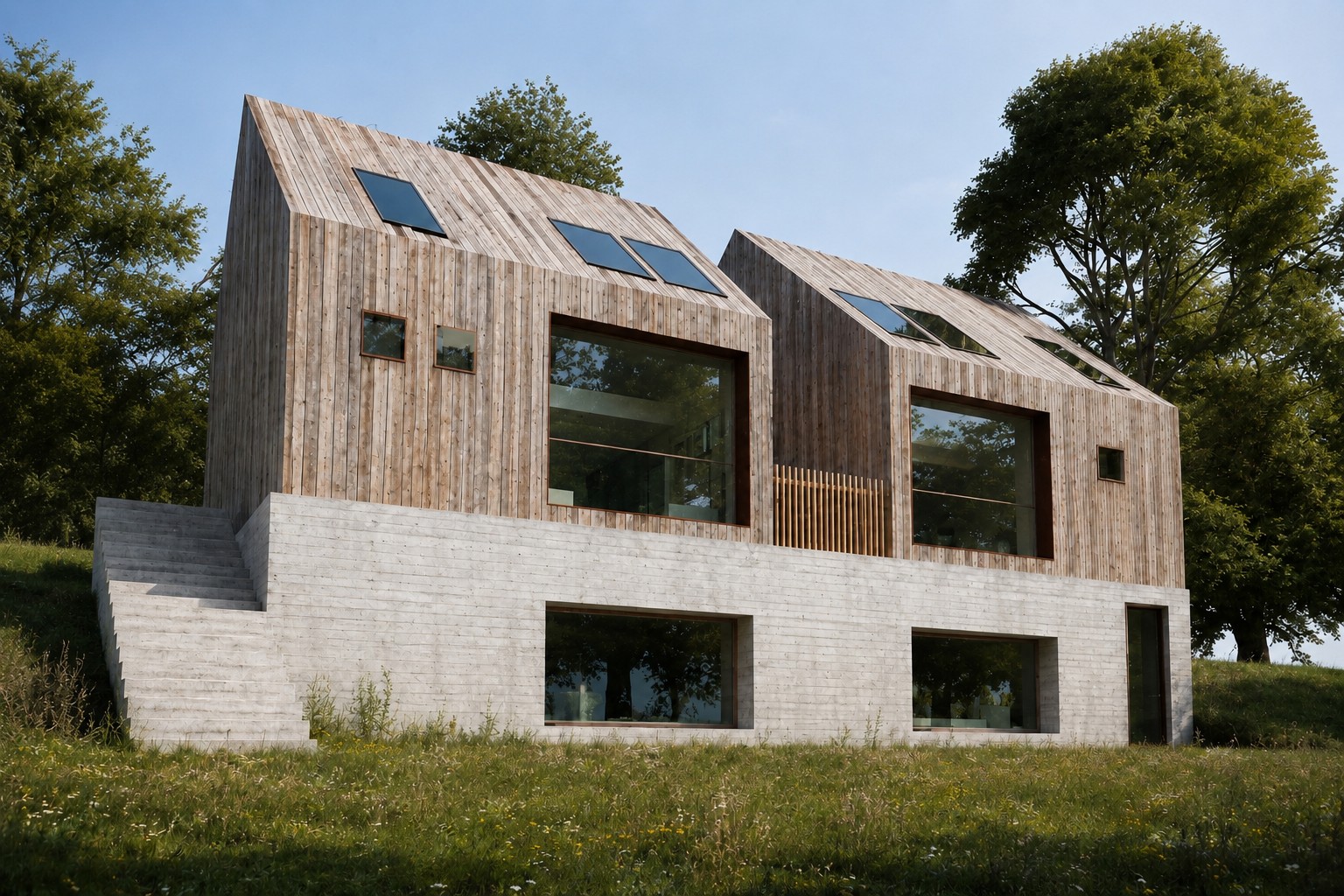 Render of a proposed yoga retreat in rural Norway: two gabled volumes clad in pale vertical timber with rooflights and large square windows, set on a board-marked concrete base with a long external stair, in a wildflower meadow with trees behind. RISE Design Studio.
