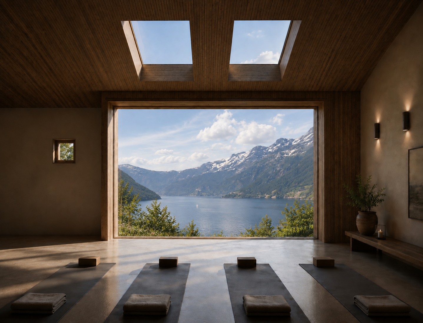 Interior render of a yoga room with four mats and blocks laid out on a polished floor, a timber-lined ceiling with two rooflights, plastered walls with wall lights, and a full-width picture window framing a lake, wooded slopes and snow-capped mountains. RISE Design Studio.