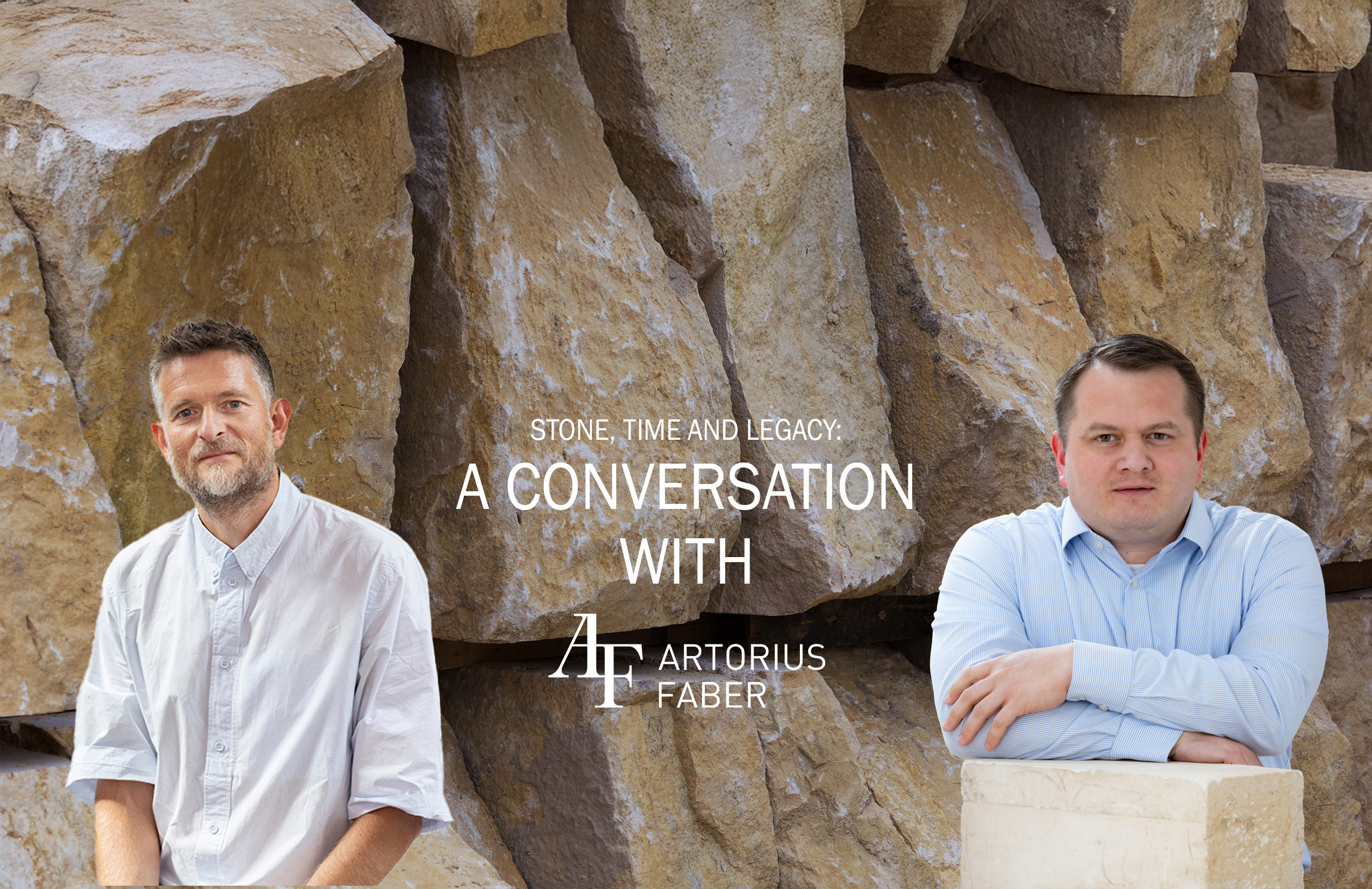 Sean Ronnie Hill of RISE Design Studio and Edward Smith of Artorius Faber standing in front of large natural stone blocks, highlighting their conversation on stone, time, and legacy in sustainable architecture and material longevity.