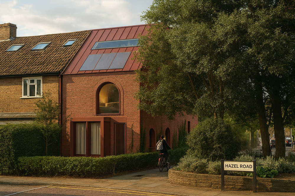 A contemporary red-brick infill home on Hazel Road in Kensal Green, designed by RISE Design Studio. The Red Arches House features arched windows, zinc roofing, solar panels, and a contextual form that complements its surroundings while showcasing sustainable urban living.