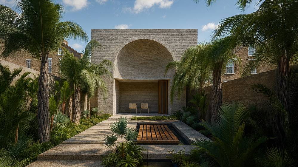 Low-energy residential architecture by RISE Design Studio featuring a sculpted brick archway, sunlit courtyard, and lush greenery. A calm retreat in the heart of London that showcases material honesty, sustainable design, and timeless craftsmanship.
