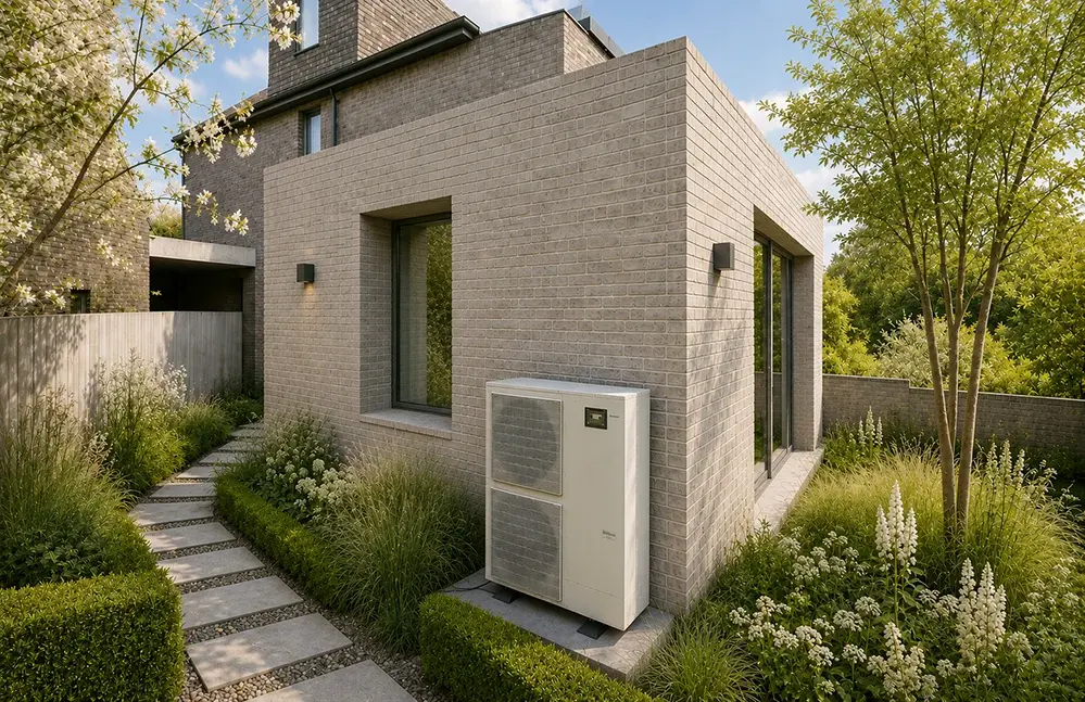 ASHP installed to the side of a rear extension project in London