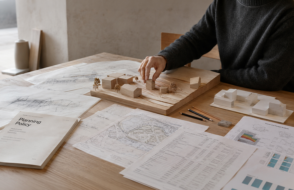 Architect reviewing a physical architectural model alongside planning documents, cost plans, measured survey drawings and energy strategy diagrams in a minimalist studio, illustrating how clear decision-making and project understanding shape successful architecture from the outset.