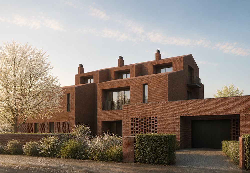 A contemporary three-storey red brick house at dusk, with stepped gabled forms, chimneys, recessed windows and small balconies. A lower brick wall with perforated brickwork screening, an integral garage, clipped hedges and flowering planting front a block-paved drive. RISE Design Studio.