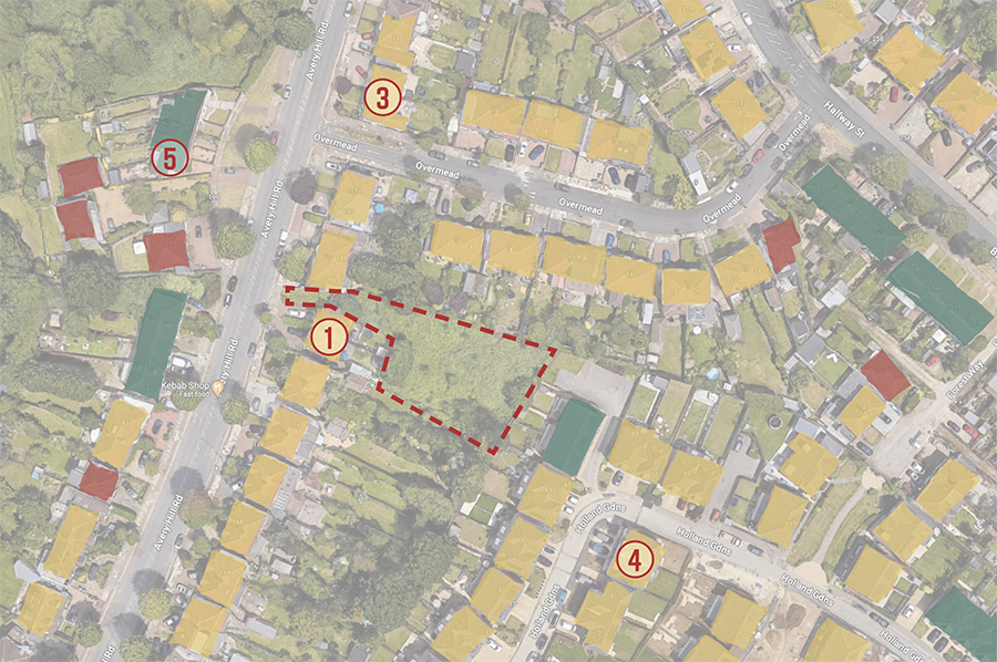 Aerial view of a residential neighbourhood highlighting a potential backland development site outlined in red, with surrounding properties colour-coded for analysis. Example of infill land suitable for sustainable housing projects in urban UK settings.