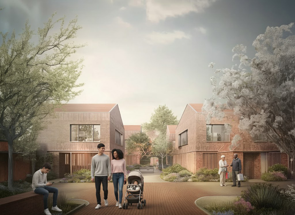 Sustainable backland homes by RISE Design Studio featuring natural materials, soft landscaping, and abundant daylight - a modern example of low-energy design that enhances biodiversity and makes efficient use of garden plots in suburban London.