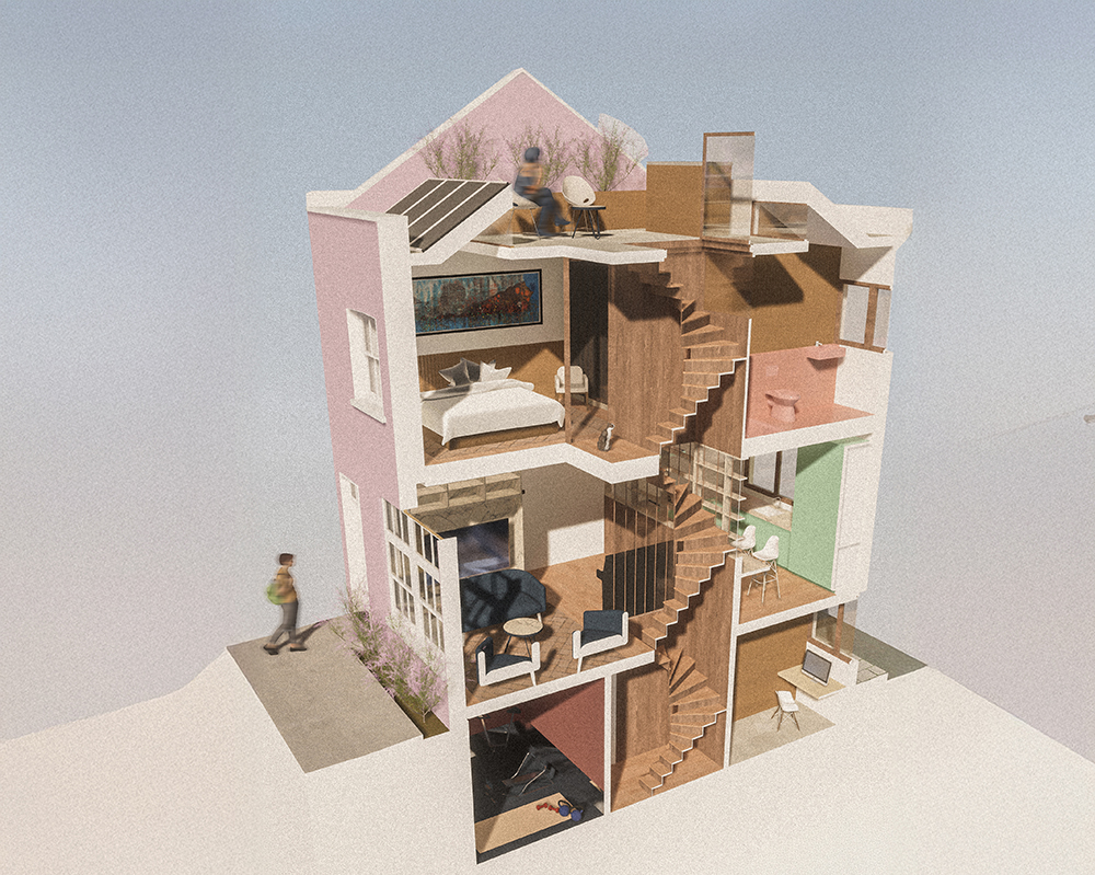 3D Digital cross-section rendering of a retrofitted mews house on Bathurst Mews, showcasing sustainable design features such as solar panels, MVHR, super insulation, and modern interior upgrades by RISE Design Studio, aimed at meeting EnerPHit low-energy building standards.