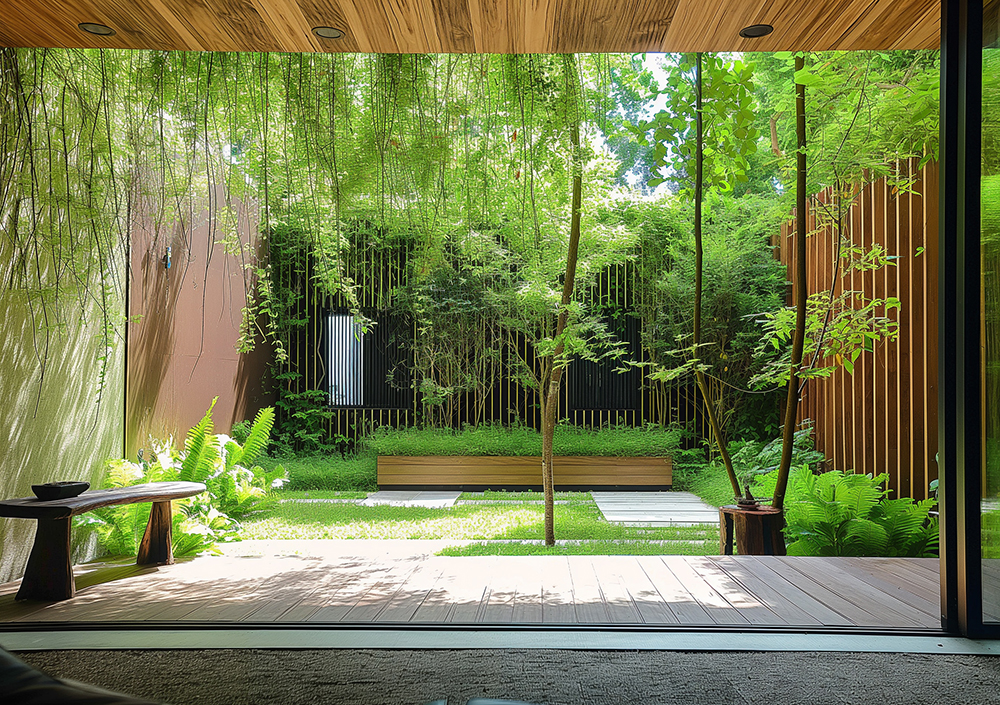 A biophilic courtyard by RISE Design Studio showcasing native planting, vertical greenery, and natural materials, illustrating on-site biodiversity enhancements and ecological integration within sustainable architectural design.
