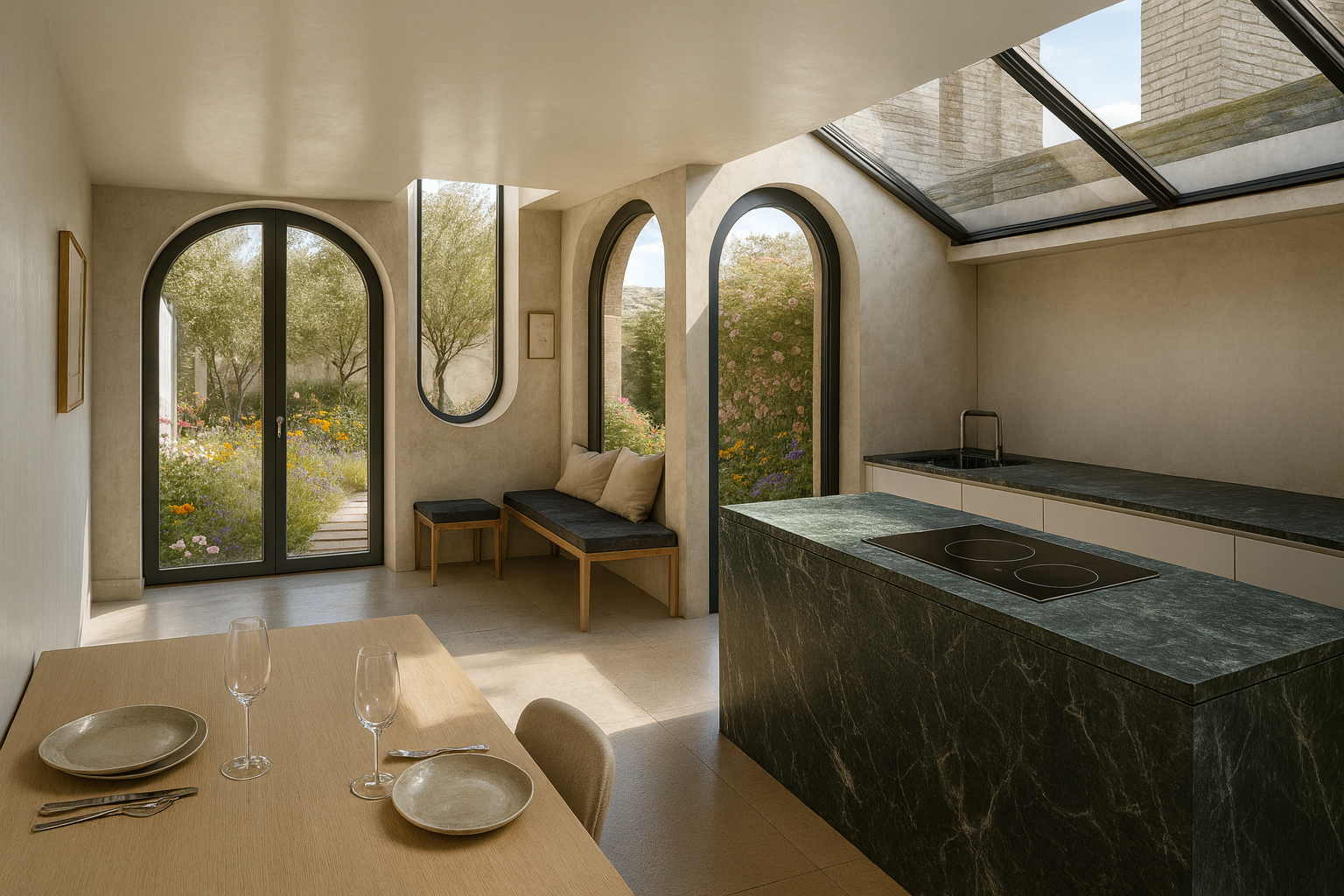 Interior of a Queen’s Park Victorian home reimagined by West London architects RISE Design Studio, featuring arched glazing, a lightwell, and garden views that bring biophilic design into the heart of the living space.