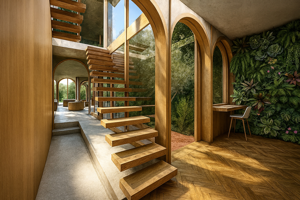 Interior view of a floating timber staircase in Twelve Arches, a biophilic London home featuring arched openings, natural materials and full-height glazing that connects the living spaces to surrounding trees and garden views.