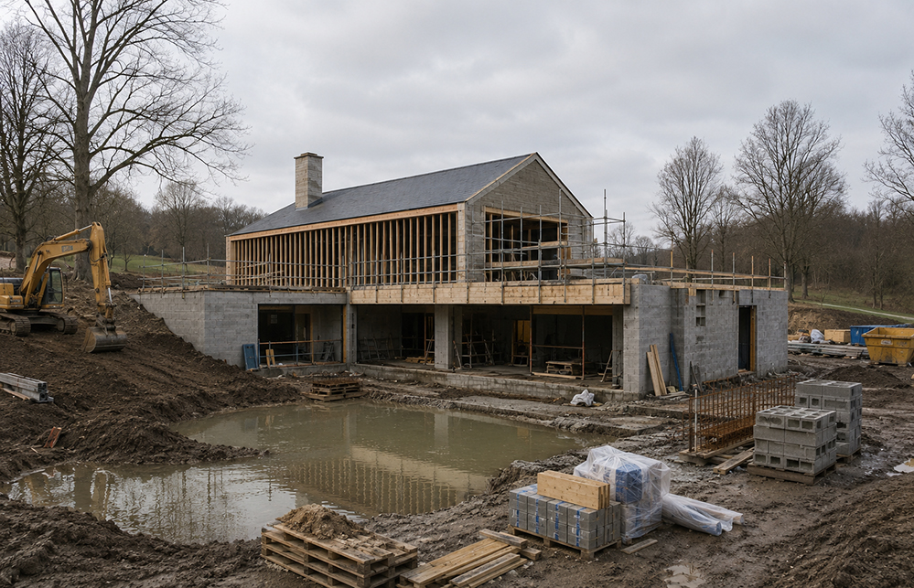 Construction site of a new build mid-build, with grey concrete blockwork walls, an exposed timber stud frame, a pitched slate roof and chimney, scaffolding, an excavator, stacked blocks and timber, and a waterlogged foundation under an overcast sky. RISE Design Studio.