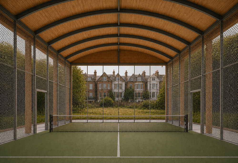 Padel court concept by RISE Design Studio on a Crouch End backland, with a green court and net, pale mesh walls in a timber frame, a barrel-vaulted roof of steel and glulam arches, and a full-height glazed gable wall framing a wild meadow and gabled red-brick terraces beyond.