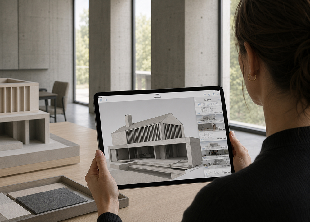 Architect holding iPad showing 3D BIM architectural model with section views, alongside timber scale model and material samples on an oak desk in a concrete and glass studio interior.