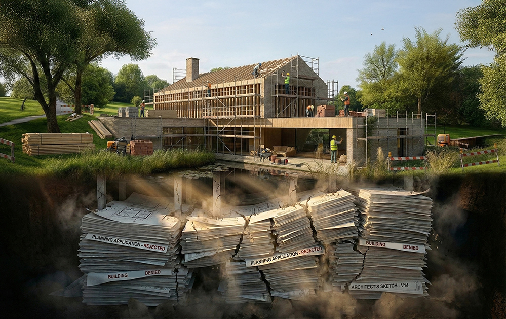 Construction site above ground contrasted with cracked stacks of rejected planning applications and denied building permits below, illustrating how early planning and design decisions create long-term risk, cost overruns, and project failure before construction begins.