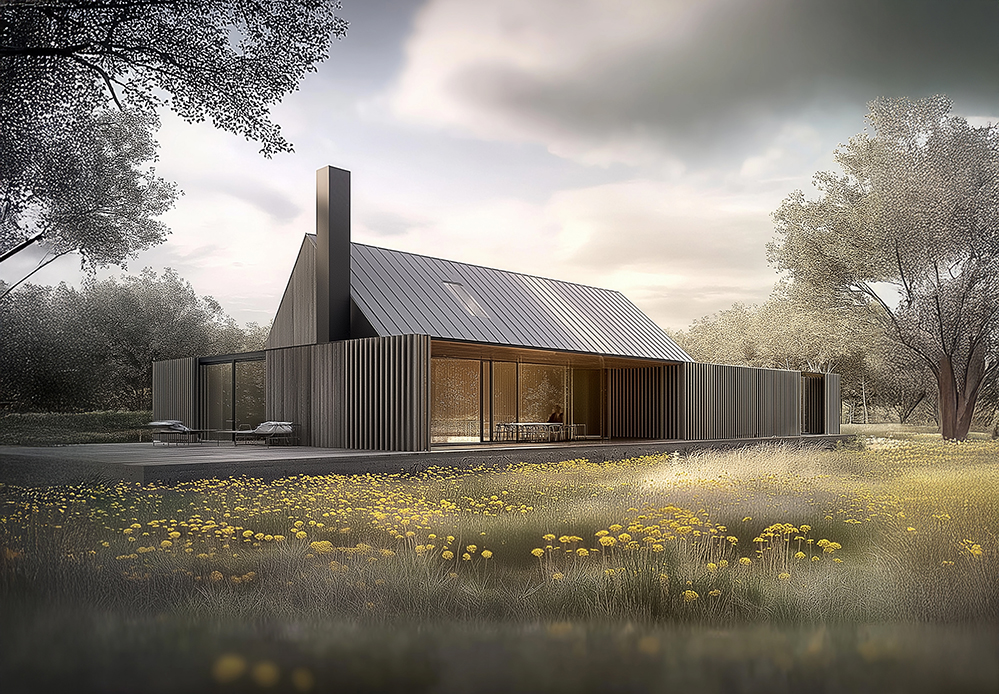 A contemporary eco-home with timber cladding and a pitched metal roof, surrounded by wildflower meadows and mature trees, illustrating sustainable rural architecture designed to blend with the natural landscape in the English countryside.