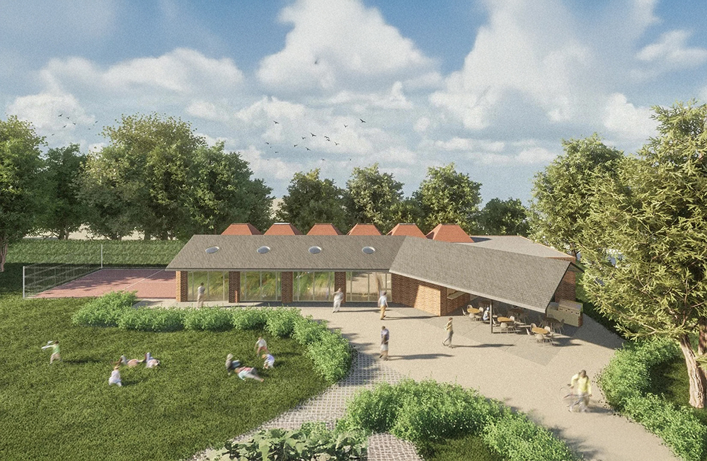 Aerial view of RISE Design Studio’s proposed new clubhouse at Elmwood Lawn Tennis Club in Kensal Rise, featuring a pitched roof, rooflights, outdoor seating, and landscaped gardens beside the tennis courts, designed for community use and low-energy performance.