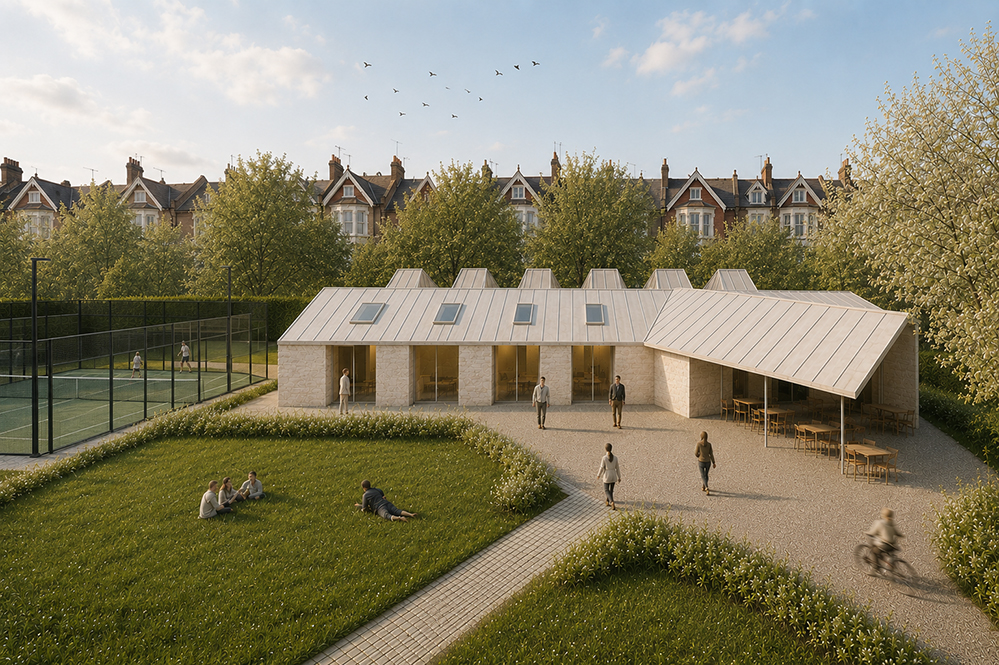 Render of a single-storey tennis clubhouse with pale textured hempcrete walls and a pale standing-seam zinc roof carrying a row of sawtooth rooflights. A canopy shelters a café terrace with tables; people sit on the lawn and walk paved paths, with a tennis court and Victorian terraces behind. RISE Design Studio.