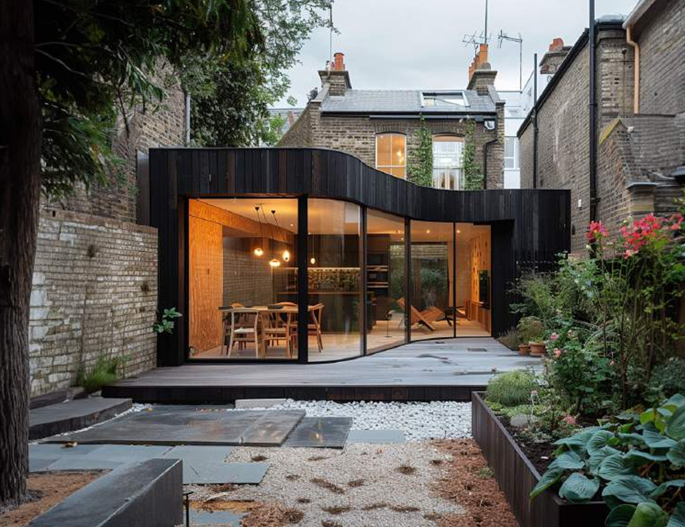 Rear view of a Victorian London home featuring a contemporary timber-clad extension with triple-glazed sliding doors, designed to EnerPHit standard for low energy use, airtightness, and sustainable performance while respecting the original architecture.