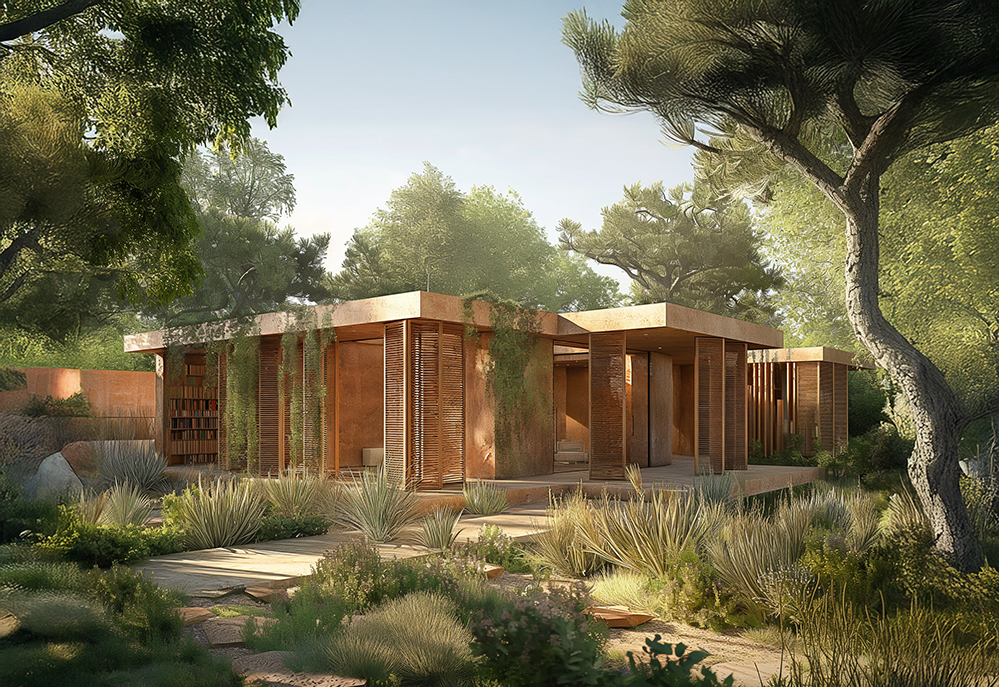 Sustainable Mediterranean-style home designed by English-speaking architects in Barcelona. Features natural materials, passive cooling, and biophilic elements set in a forested landscape.