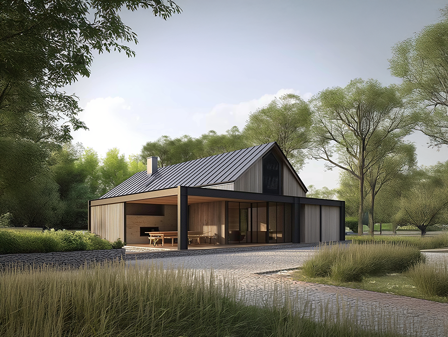 Visualisation of a modern barn-style replacement dwelling near Faversham, Kent, designed by RISE Design Studio. The sustainable home features natural timber cladding, a pitched metal roof, open-plan living spaces and large openings connecting to the rural landscape.