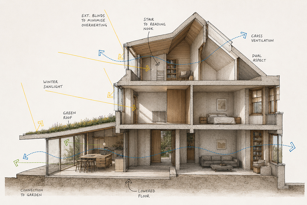 Hand-drawn cutaway section through a three-storey house, annotated with passive design strategies: yellow arrows tracing winter sunlight, external blinds to limit overheating, blue cross-ventilation arrows, a dual-aspect loft with reading nook, a green roof over the kitchen, and a lowered floor connecting to the garden. RISE Design Studio.