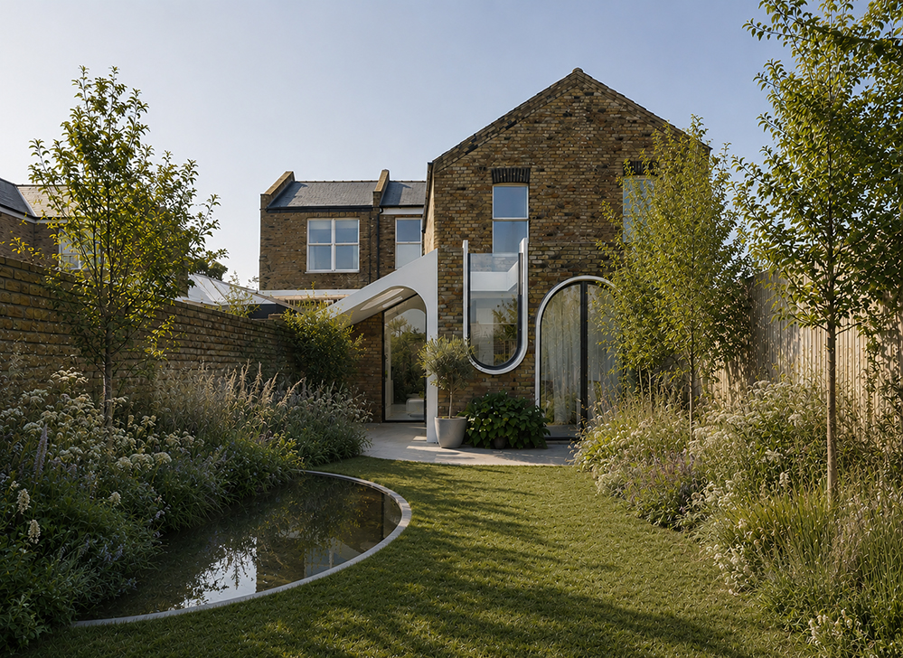 Rear garden view of a Victorian brick terrace in Queen's Park with a contemporary white-framed extension featuring tall arched and U-shaped glazing. A curved pond sits in the lawn, with an olive tree, ornamental grasses and planting along brick walls in evening light. RISE Design Studio.