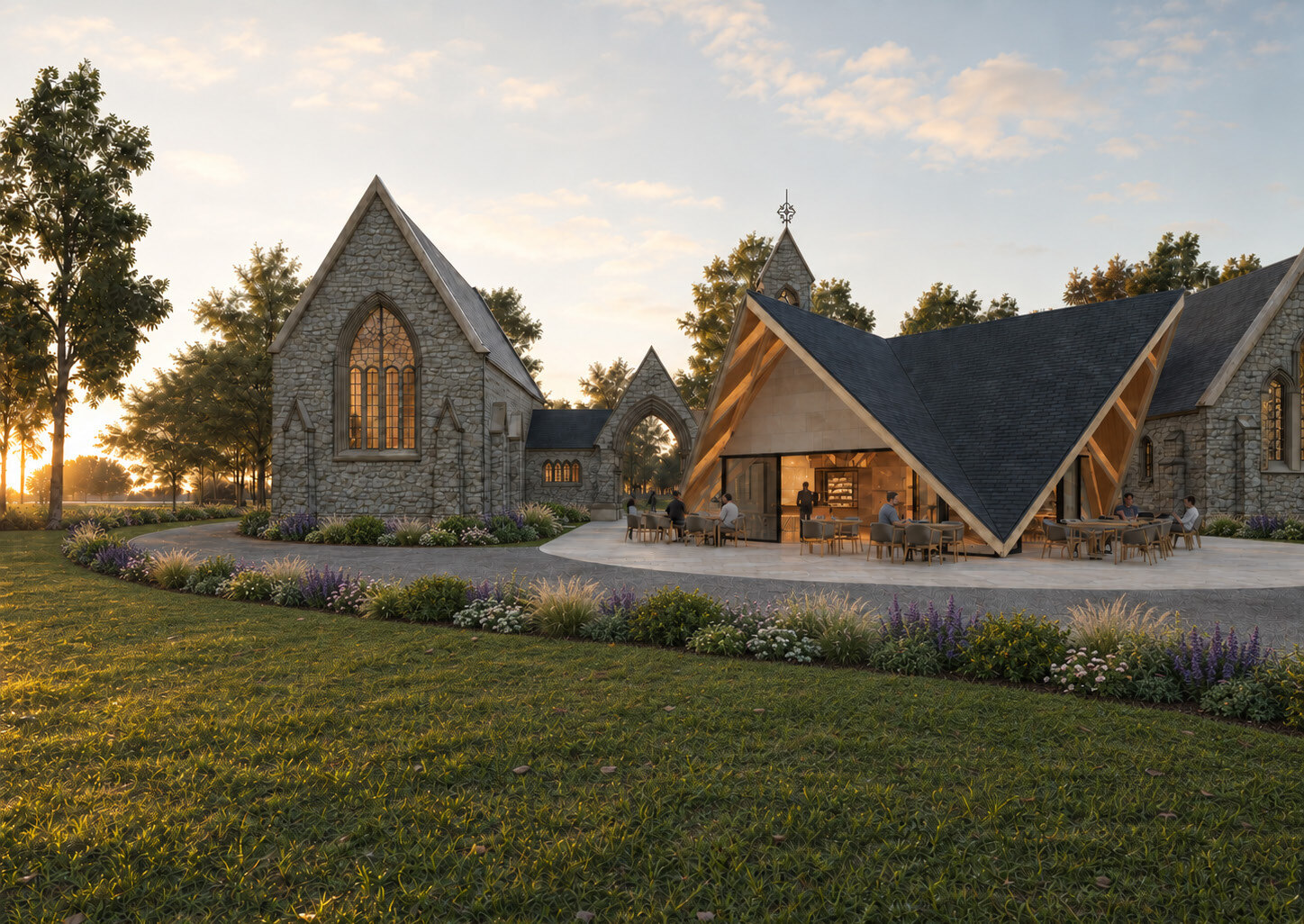 Concept rendering of the pavilion’s angular slate roof and café terrace beside a stone chapel, with planting in the foreground.