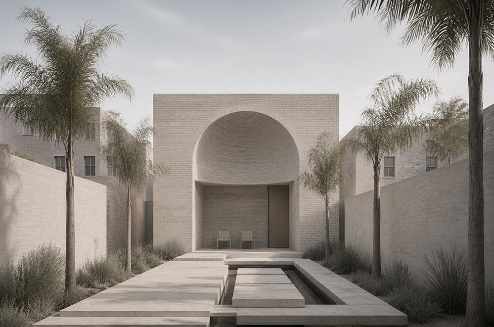 Contemporary London house with large arched stone entrance, timber pivot door, stone paved garden path, mature palm planting and two timber chairs set within a lush planted courtyard setting.