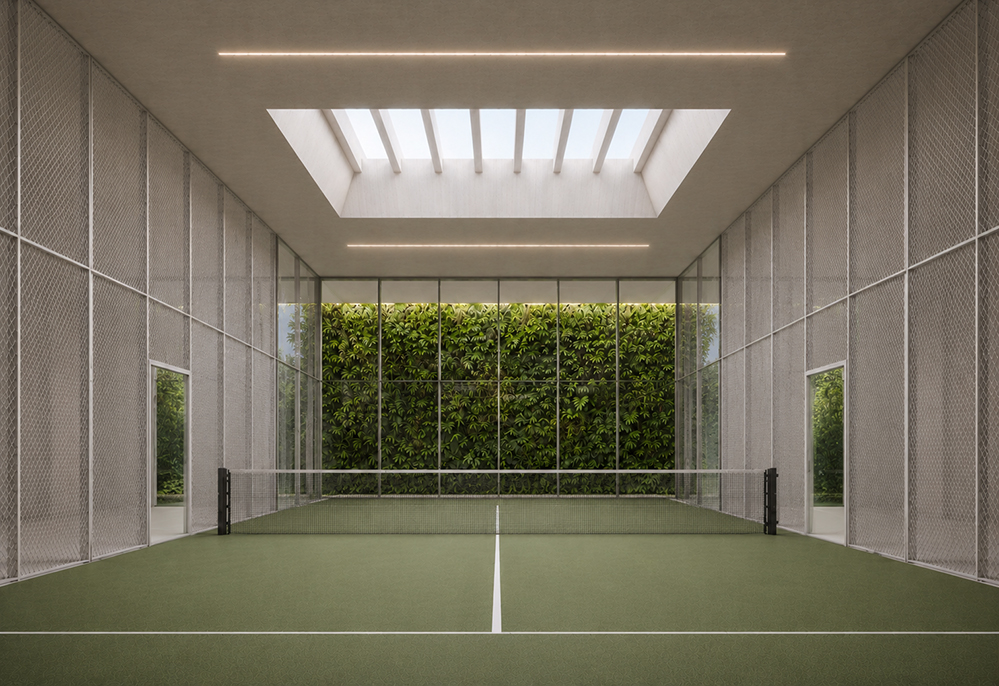 Indoor padel court concept by RISE Design Studio, with a green playing surface and net, pale mesh perimeter walls, a fully glazed end wall opening onto a planted living wall, and a large rooflight with linear ceiling lighting above.