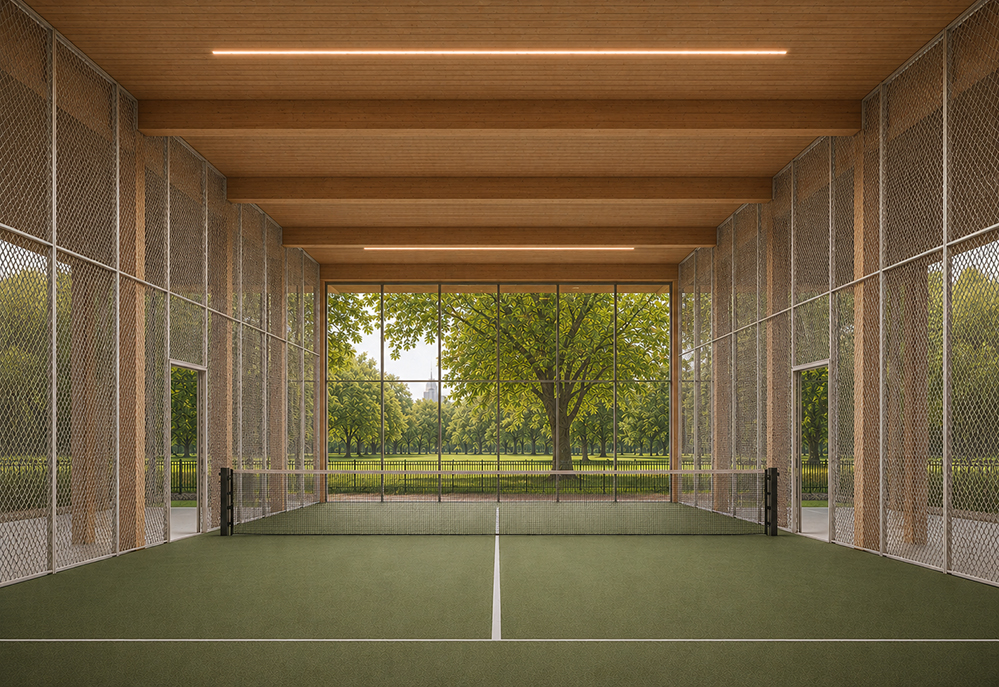 Padel court concept by RISE Design Studio looking onto Regent's Park, with a green playing surface and net, pale woven mesh perimeter walls, an exposed timber beam ceiling with linear lighting, and a full-height glazed end wall framing a mature chestnut tree and the tree-lined park beyond.