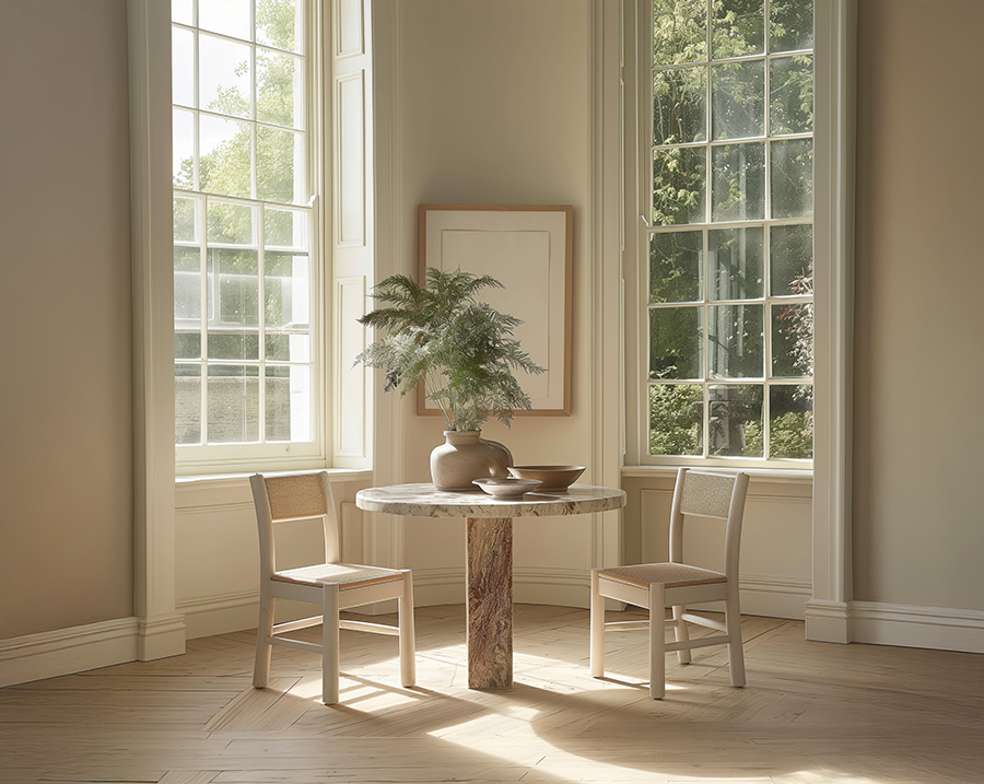 Bright dining area inside a restored listed building featuring large original sash windows, natural light, a round stone table, minimalist chairs, and neutral tones—highlighting the elegance and sustainability of heritage interior design.