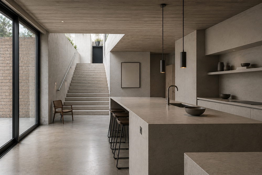 A calm basement kitchen with a large stone island and bar stools, lit by daylight from a glazed wall onto a sunken courtyard and a concrete stair rising to the garden. Board-marked concrete ceiling, polished concrete floor, open shelving with ceramics. RISE Design Studio.